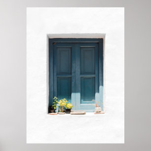 AFFICHE BLUE WOODEN DOOR ON WHITE CONCRETE WALL