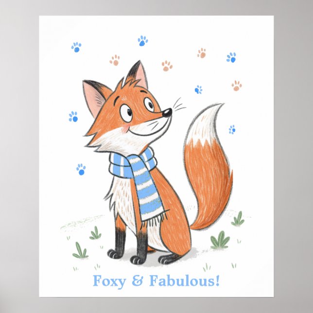 Affiche Blue Woodland Cheeky Fox Jouer Doodle animal (Devant)