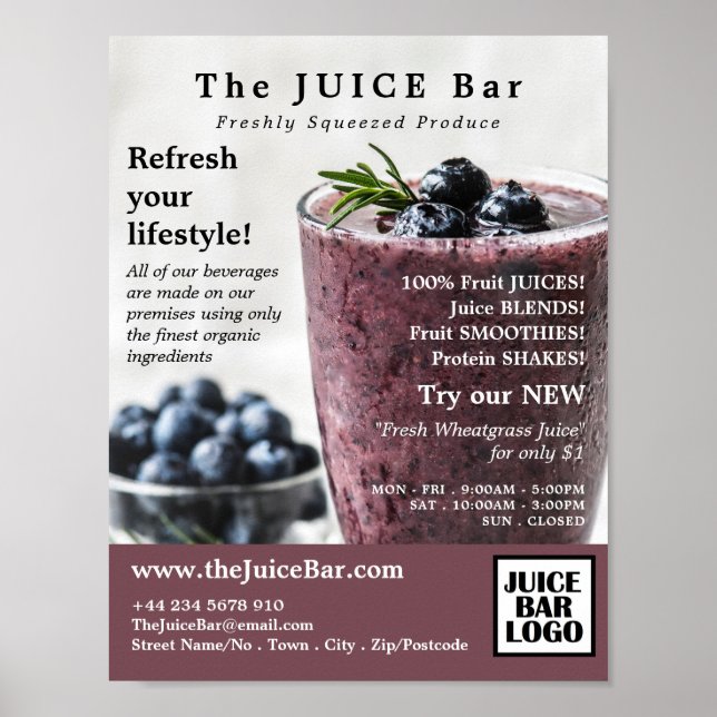 Affiche Blueberry Smoothie, barre de jus Publicité (Devant)