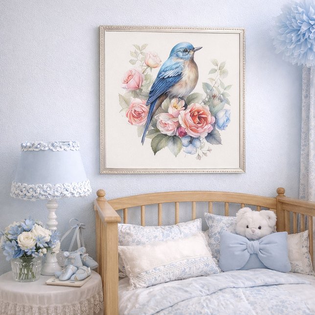 Affiche Bluebird Floral Art Home Decor (Beautiful blue bird and pink roses wall art )