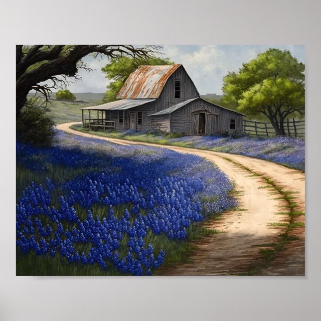 Affiche Bluebonnets et la vieille grange au Texas (Devant)