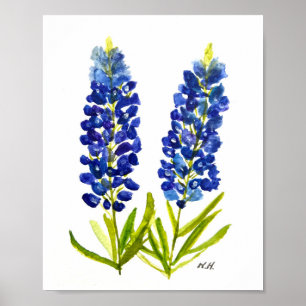 Affiche Bluebonnets Texas State Flowers Lupine Watercolor