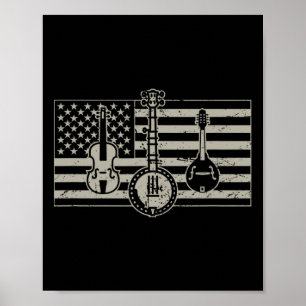 Affiche Bluegr Drapeau Usa Guitare Banjo Mandoline