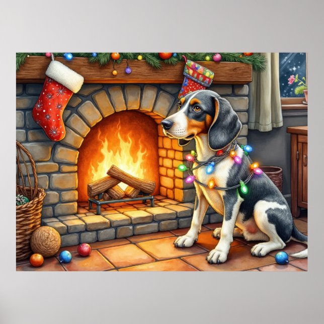 Affiche Bluetick Coonhound Cheminée avec Lumières de Noël (Devant)
