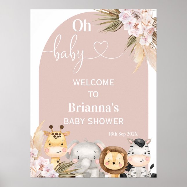 Affiche Blush Boho Floral Arch Safari Baby shower Bienvenu (Devant)