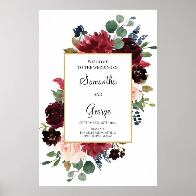 Affiche Blush burgundy navy floral wedding welcome sign (Devant)