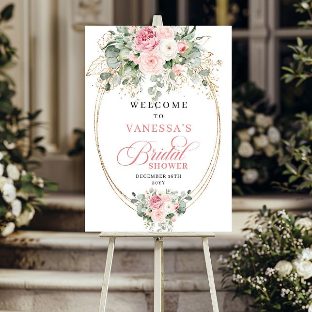 Affiche Blush Chic Fleurs Dorées et Verdure Bienvenue à la (Chic Blush Floral Gold Greenery Bridal Shower Welcome)