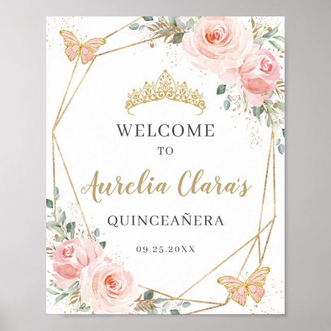 Affiche Blush Floral Butterflies Quinceanera Birthday  (Devant)