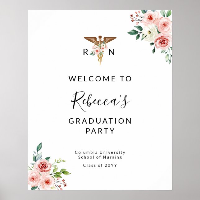 Affiche Blush Floral Caduceus Nurse Graduate Welcome Party (Devant)