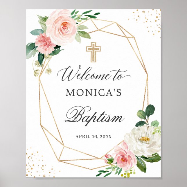 Affiche Blush Floral Gold Geometric Baptism Welcome Sign (Devant)