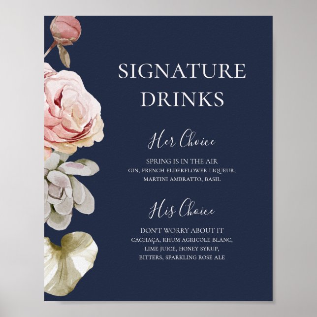 Affiche Blush Floral Moderne | Boissons Signature Navy (Devant)
