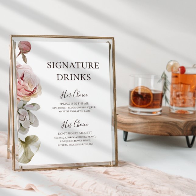 Affiche Blush Floral Moderne | Panneau Boissons Signature (Créateur téléchargé)