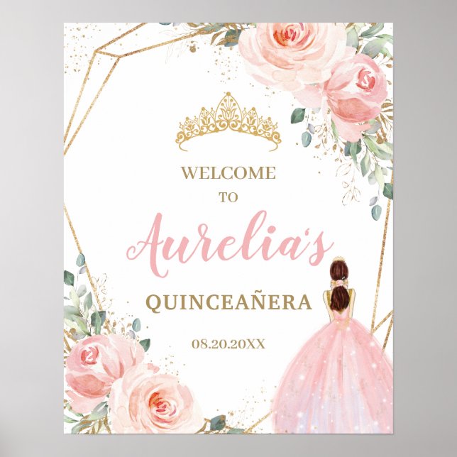 Affiche Blush Floral Quinceañera Mis province Bienvenue (Devant)