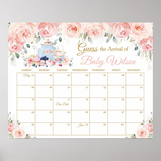 Affiche Blush Floral Tea Party Guess Baby's Arrival Game (Devant)
