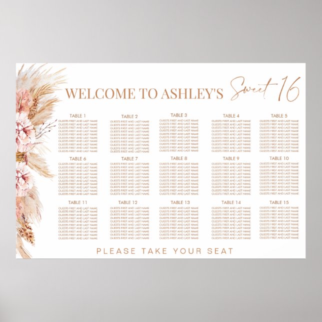 Affiche Blush Floral Terracotte Sweet 16 Seating Chart (Devant)