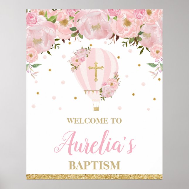 Affiche Blush Hot Air Ballons Christening Baptême Bienvenu (Devant)