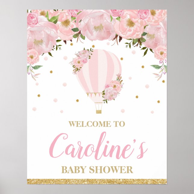 Affiche Blush Hot Air Balloon Baby shower fille Bienvenue (Devant)