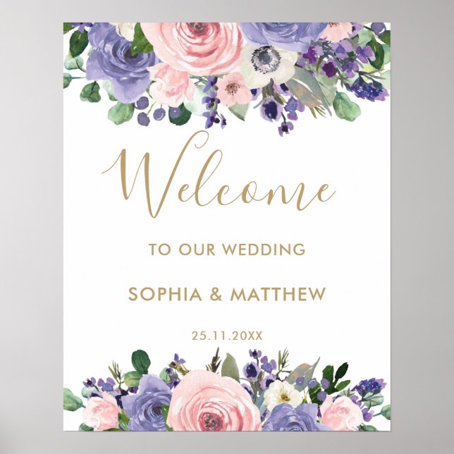 Affiche Blush Lavender Purple Floral Wedding Welcome Sign (Devant)
