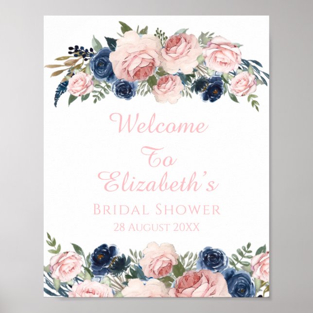 Affiche Blush Navy Blue Floral Bridal Shower Welcome Sign (Devant)