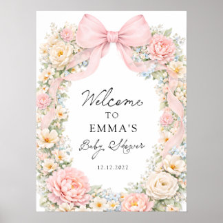 Affiche Blush Pink Bow Floral Coquette Baby Shower Welcome
