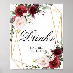 Affiche Blush Pink & Burgundy Rose Shower Drinks Sign