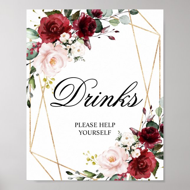 Affiche Blush Pink & Burgundy Rose Shower Drinks Sign (Devant)