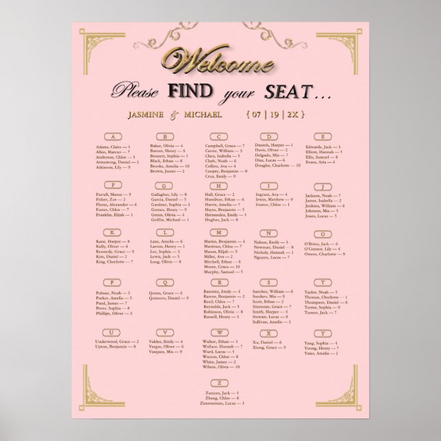 Affiche Blush Pink Champagne Gold Wedding Seating Chart (Devant)