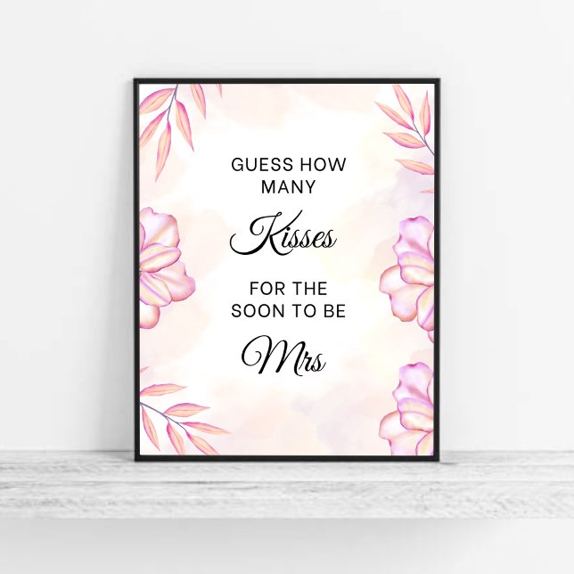 Affiche Blush Pink Combien De Baisers Fête des mariées Jeu (Pink Floral Guess How Many Kisses Bridal Shower Game )