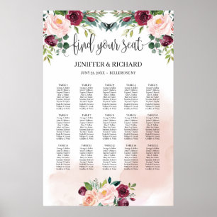 Affiche Blush pink floral burgundy greenery seating chart