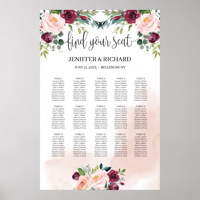 Affiche Blush pink floral burgundy greenery seating chart (Devant)