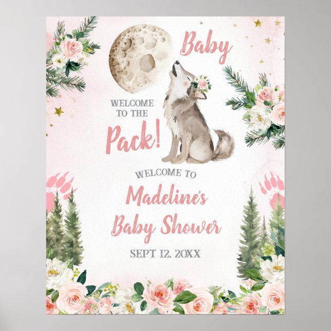 Affiche Blush Pink Floral Moon Forest Wolf Welcome Sign (Devant)
