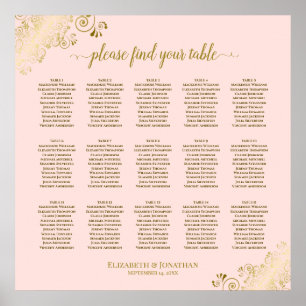 Affiche Blush Pink & Gold 15 Table Wedding Seating Chart