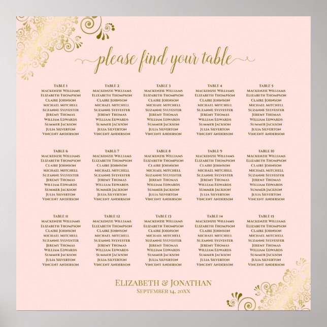 Affiche Blush Pink & Gold 15 Table Wedding Seating Chart (Devant)