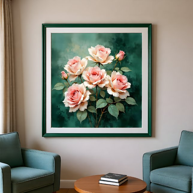Affiche Blush Rose Elegance on Deep Jade (Créateur téléchargé)