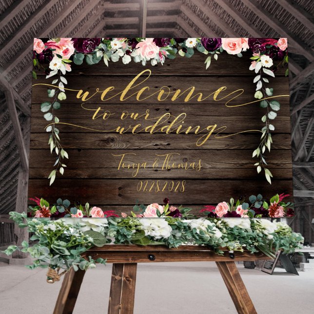 Affiche Blush Rustic Wood Gold Fancy Calligraphie Bienvenu (Créateur téléchargé)