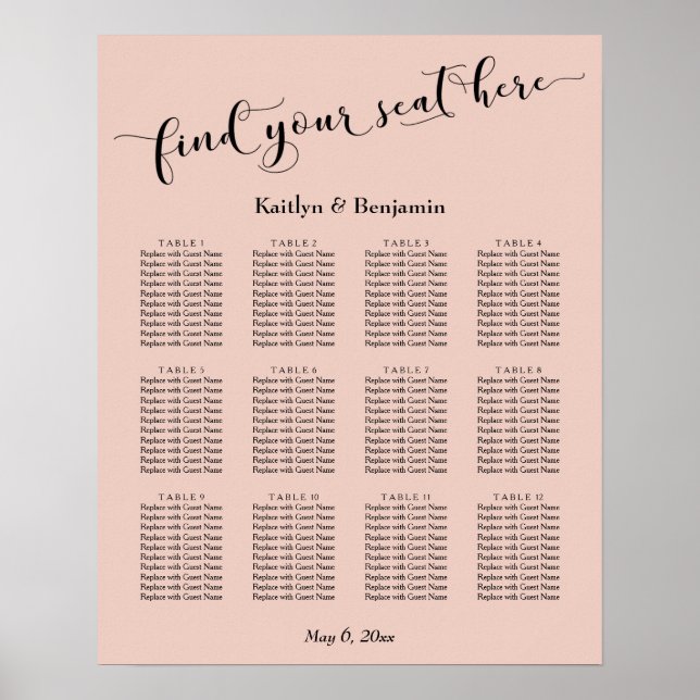 Affiche Blush, Typographie Mariage Réception Carte de sièg (Devant)