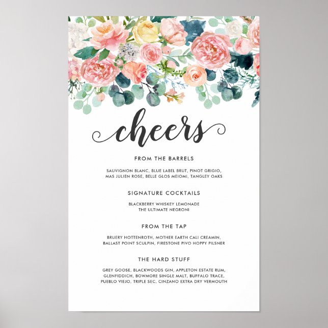 Affiche Blushing Summer Floral Wedding Bar Menu (Devant)