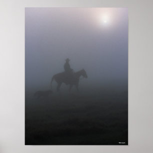 Affiche Bob Langrish   Cowboy À Rider En Mist Avec Chien