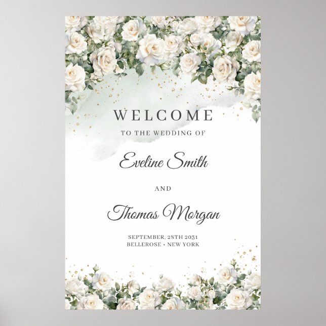 Affiche Bohème blanc roses eucalyptus mariage accueil (Devant)