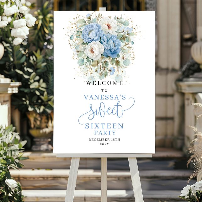 Affiche Bohème Fleurs Bleu Pastel Douce 16 Bienvenue (Bohemian Pastel Blue Flowers Sweet 16 Welcome)