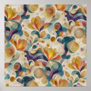 Affiche Boho Abstrait Aquarelle Floral Tourbillon Or Turqu