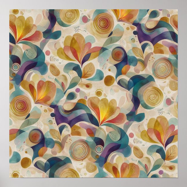 Affiche Boho Abstrait Aquarelle Floral Tourbillon Or Turqu (Devant)