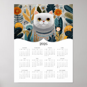 Affiche Boho Abstrait Cat Art 2026 Calendrier de l'année c
