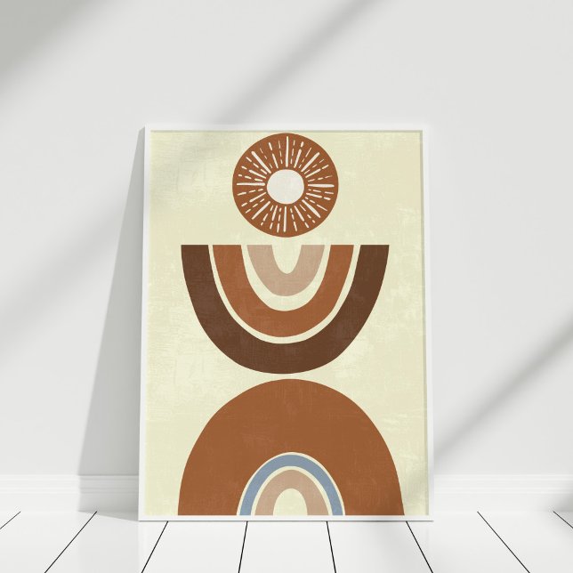 Affiche Boho Abstrait Earth Tone Folk et Rainbow (Boho Abstract Earth Tone Folk and Rainbow Poster in a white frame.)