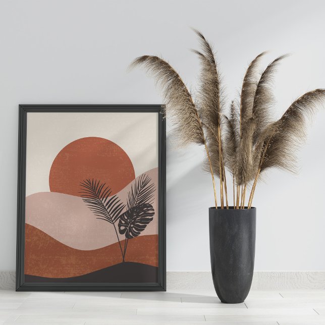 Affiche Boho Abstrait paysage coucher de soleil (Boho Abstract Landscape Sunset Poster on the floor in black frame next to pampas grass)