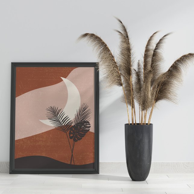 Affiche Boho Abstrait Terracotta paysage lune (Boho Abstract Terracotta Landscape Moon Poster in black frame on the floor next to pampas grass)
