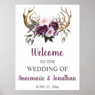 Affiche Boho Antlers Purple Plum Peonies Rose Bienvenue