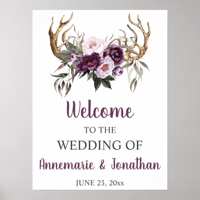 Affiche Boho Antlers Purple Plum Peonies Rose Bienvenue (Devant)