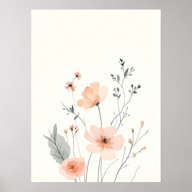 Affiche Boho Art Moderne. Croquis Floral Blush Doux (Devant)