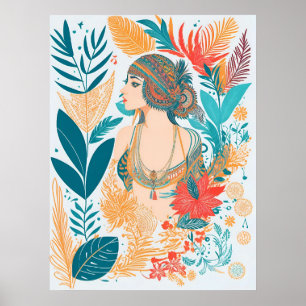 Affiche Boho Artistique moderne plumes Femme AI Art